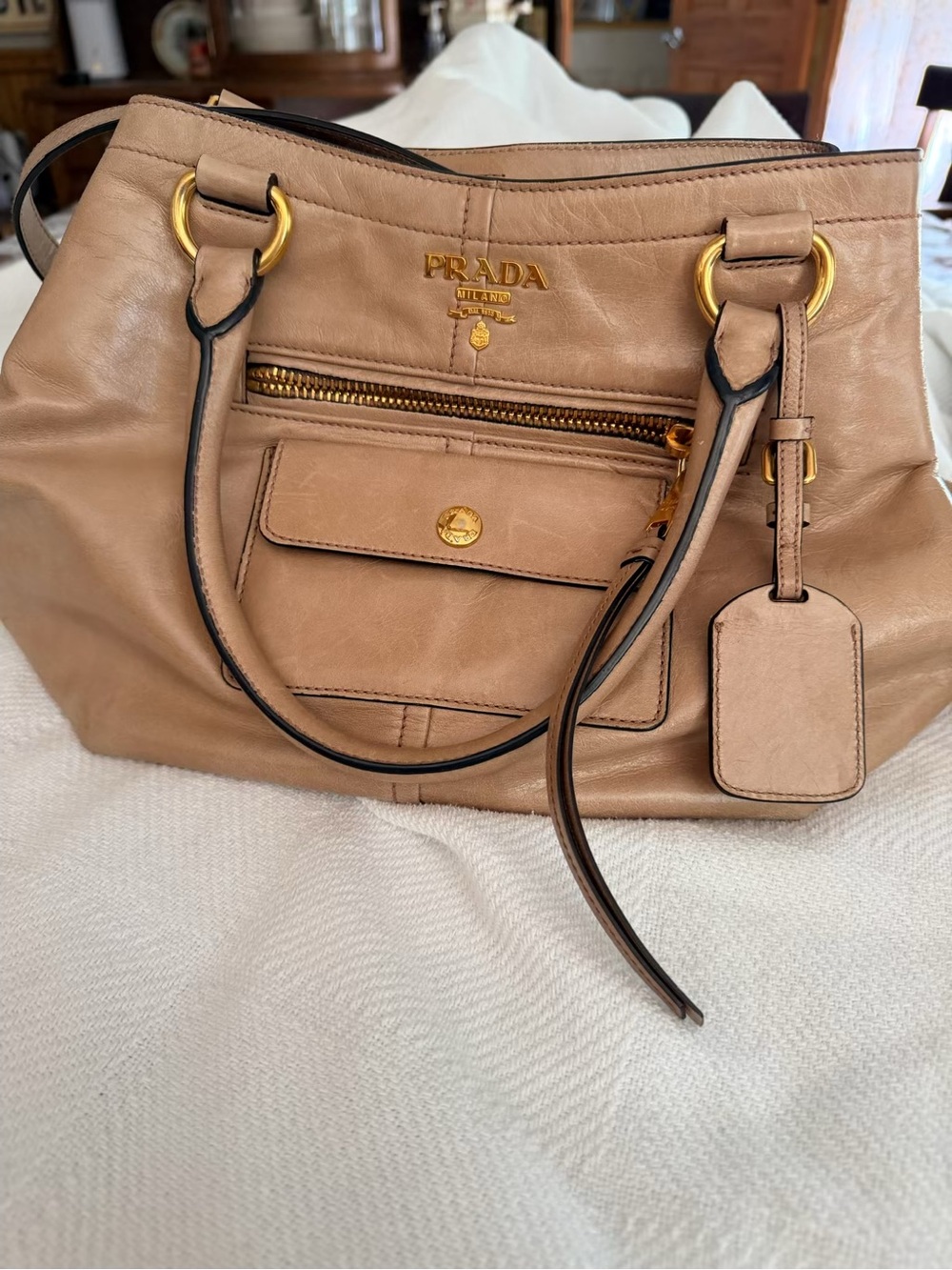 Prada Tan Leather Shoulder Bag with Gold Hardware